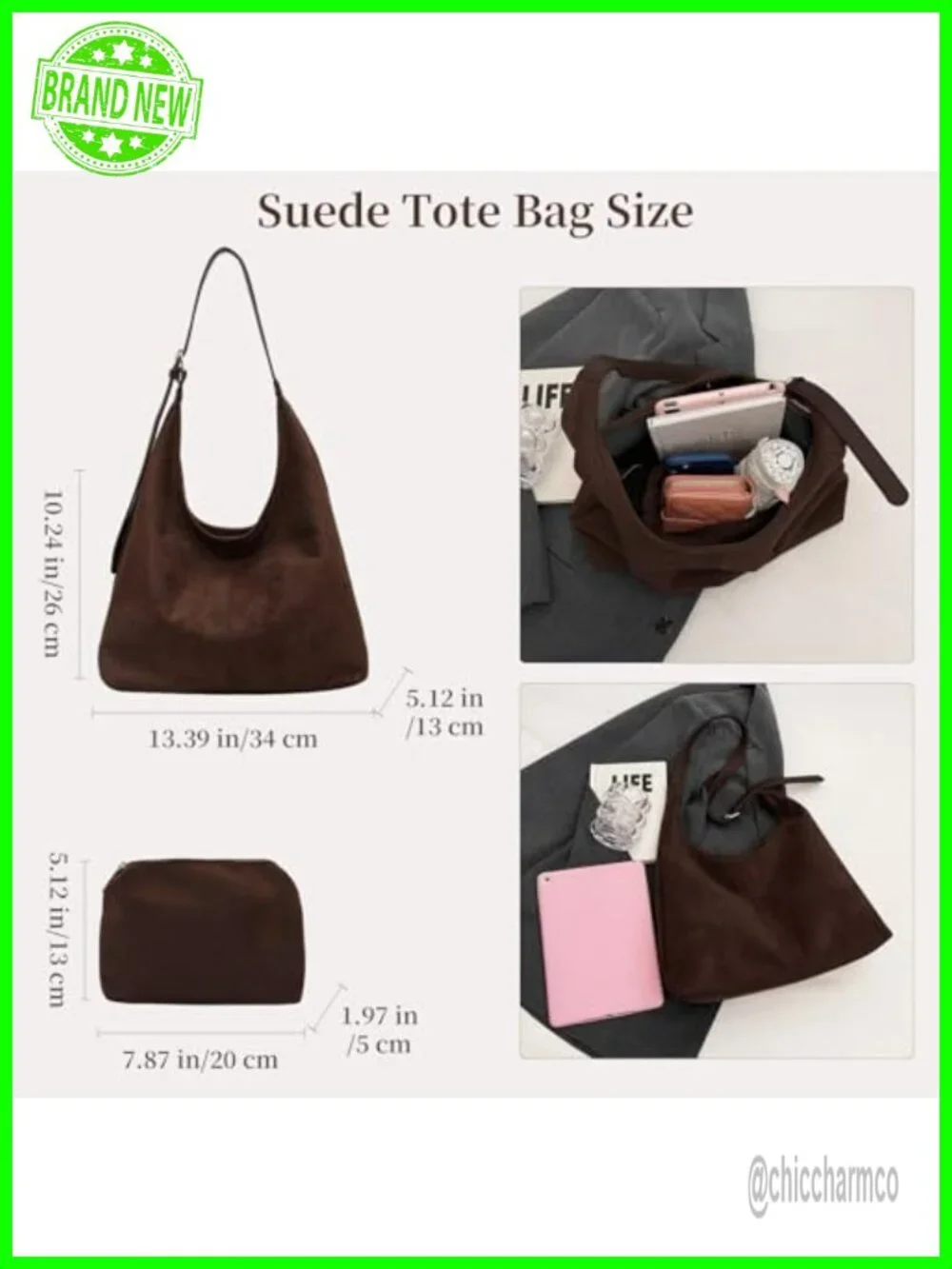 Faux Suede Hobo Tote Bag with Small Purse Set - Large Capacity Shoulder